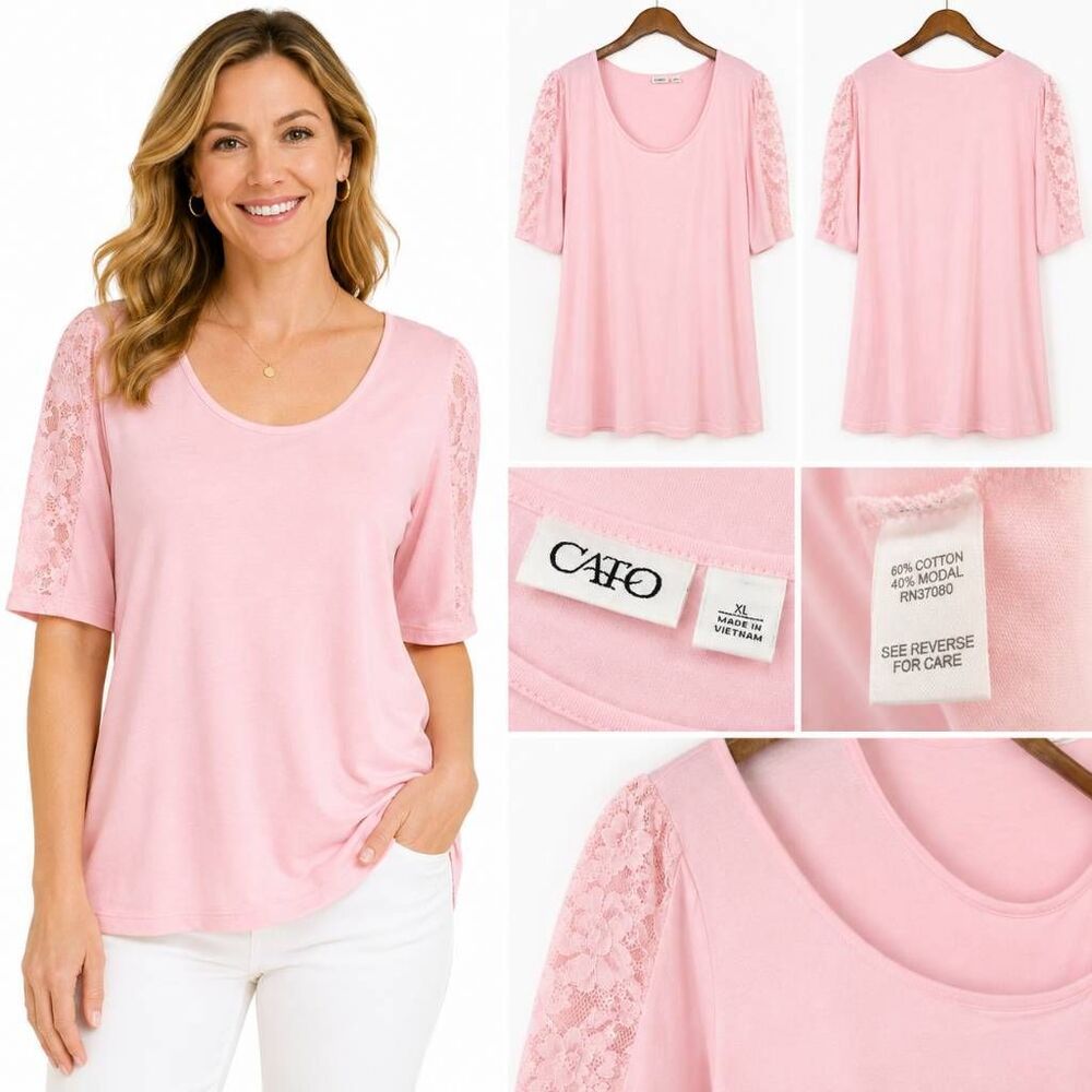 Cato XL Pink Lace Sleeve Scoop Neck Top